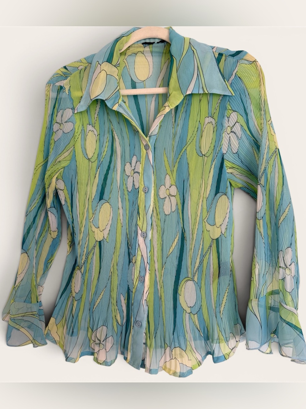 Y2K Sheer Plissé Floral Button Front Blouse | Blue Green Stretch | Size S/M